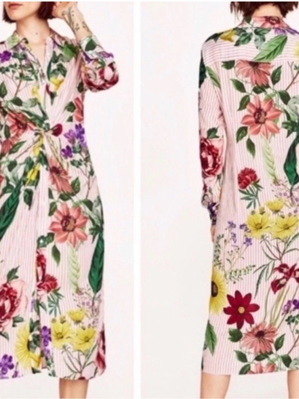 ZARA Floral Twist Front Shirt Dress Button Womens Size S Colorful Bright